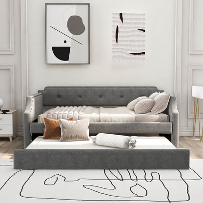 Upholstered daybed with trundle in gray fabric by HouseOfZazla on Tampa Home & Garden Store