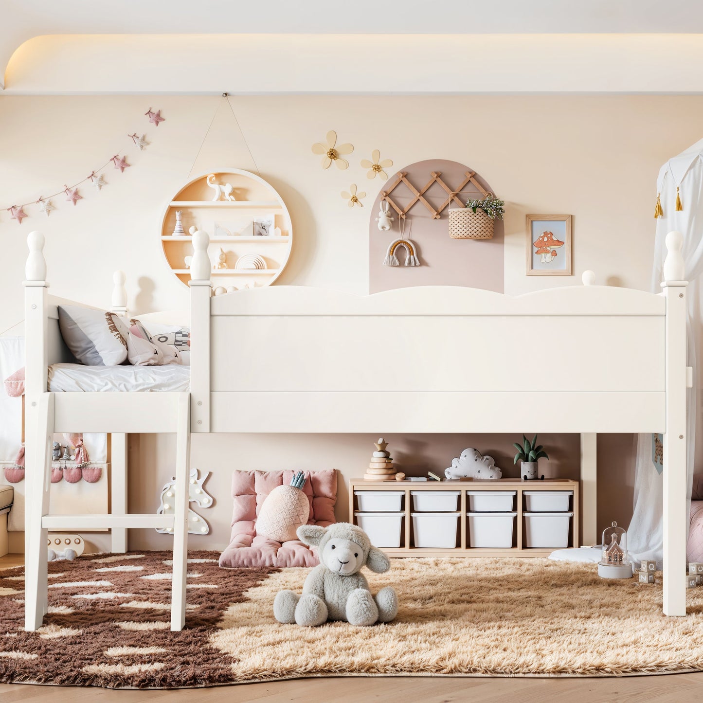 Full Size Low Loft Bed with Full-Length Guardrails white finish by HouseOfZazla beds & bed frames on Tampa Home & Garden Store