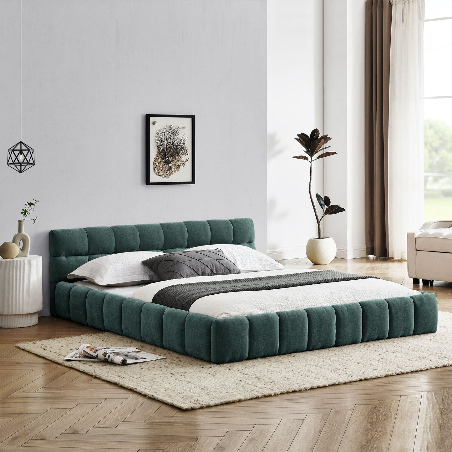 Modern Platform Bed and Thick Fabric Headboard
