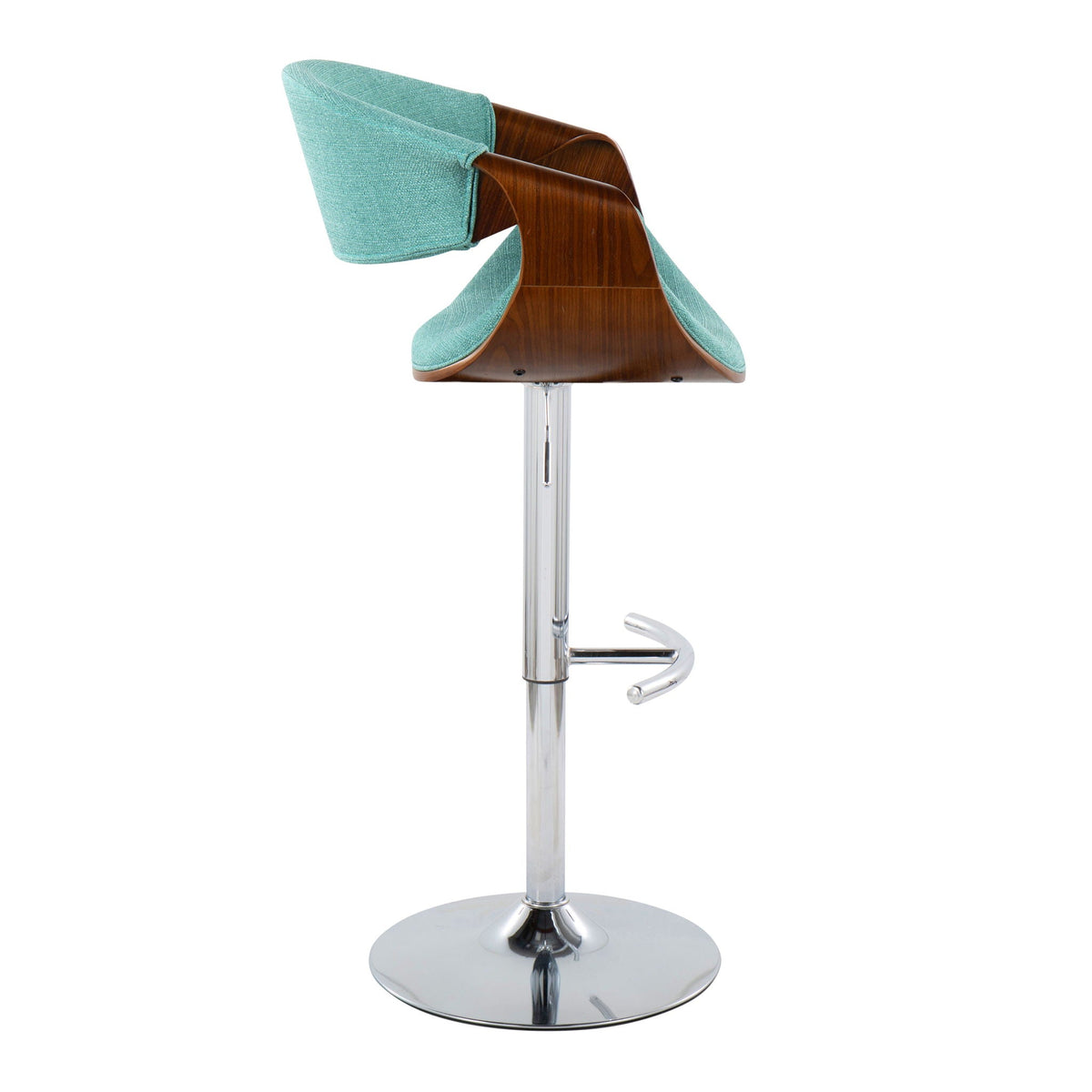 Mid-century adjustable teal barstool with curved wood shell, swivel and chrome pedestal on Tampa Home & Garden Store