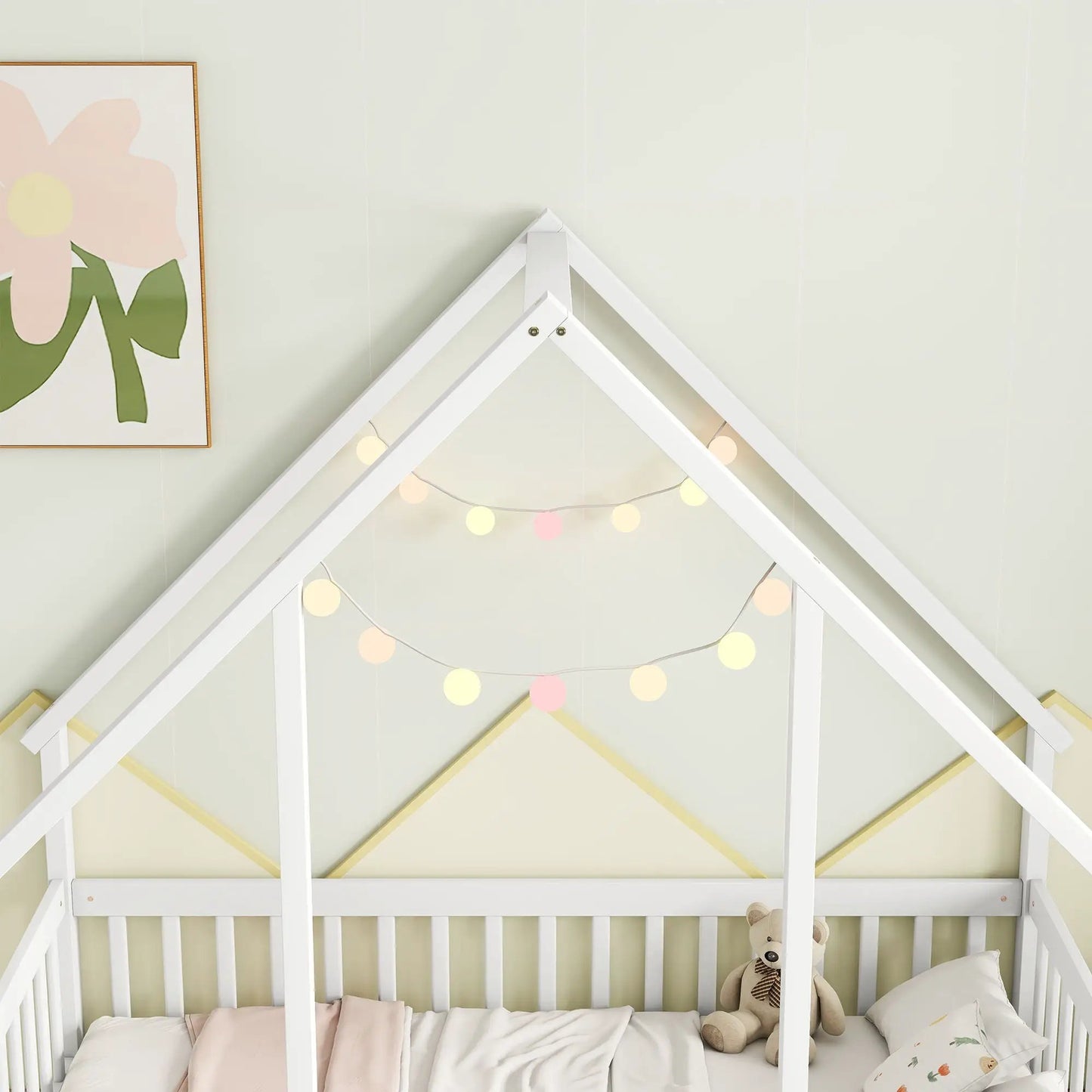 Wood house-shaped toddler bed with fence and guardrails, bedding by Unique Piece Furniture on Tampa Home & Garden Store