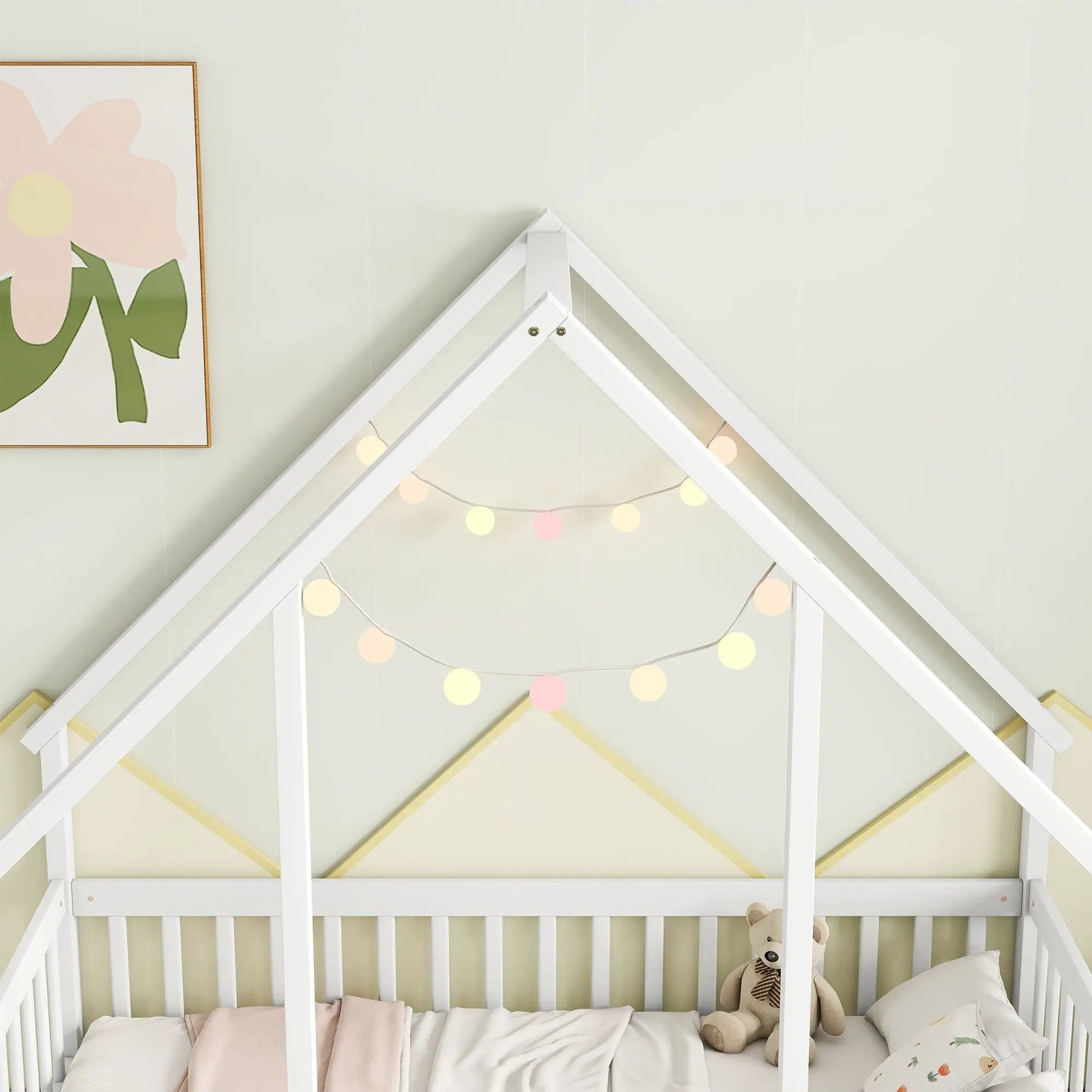 Wood house-shaped toddler bed with fence and guardrails, bedding by Unique Piece Furniture on Tampa Home & Garden Store