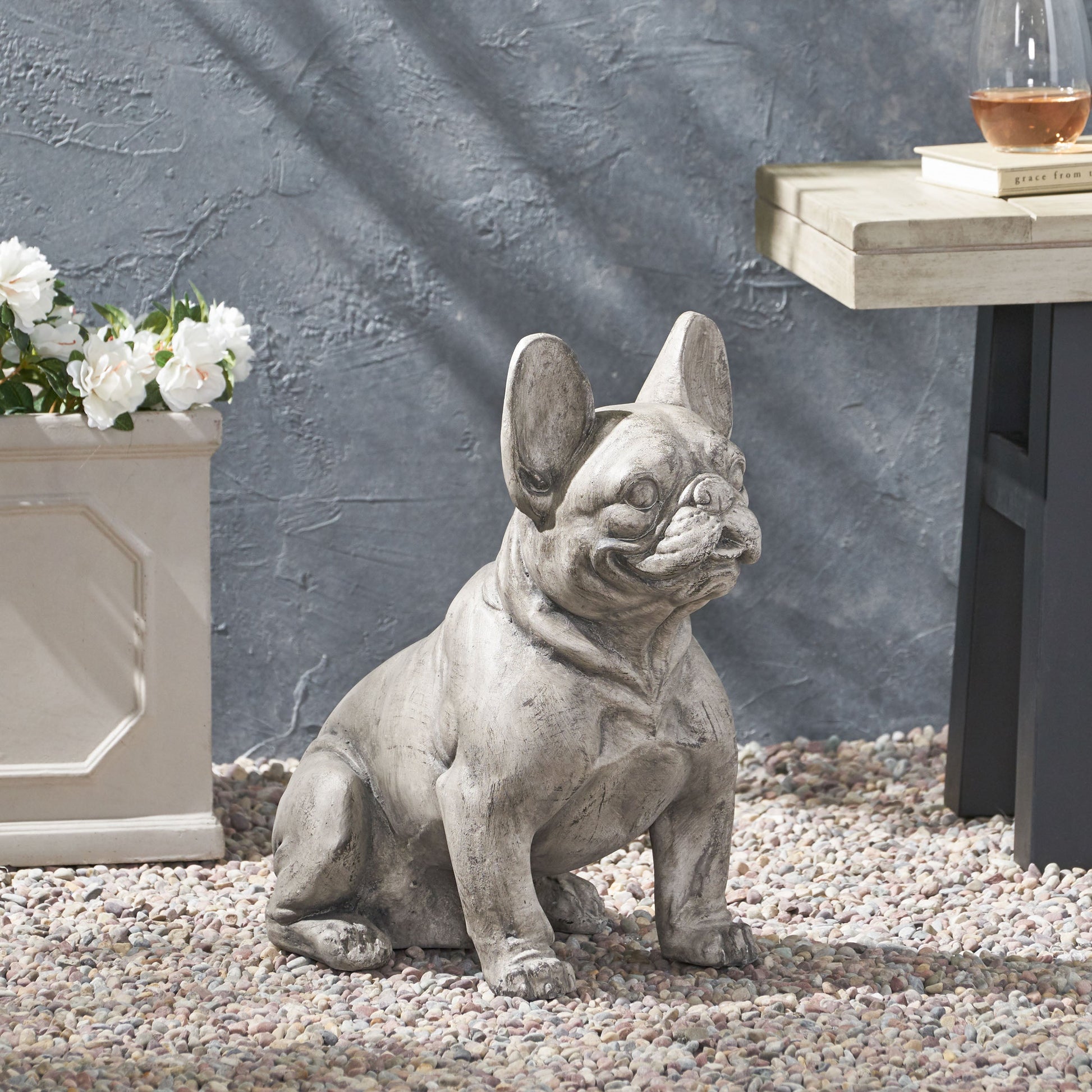 Outdoor dog garden statue, gray stone French Bulldog by HouseOfZazla on Tampa Home & Garden Store