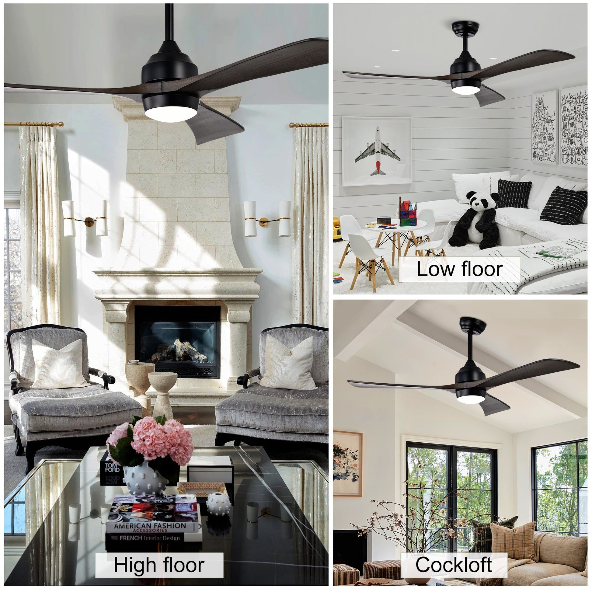 HouseOfZazla 52in solid wood blade ceiling fan with lights and remote dark wood blades, black housing on Tampa Home & Garden Store