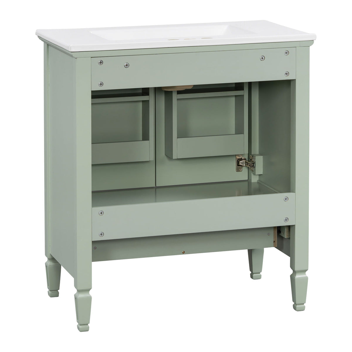 Freestanding vanity with drawer and soft-close doors in sage green with white sink top on Tampa Home & Garden Store