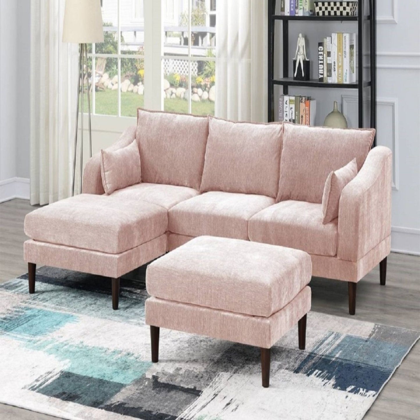 Modular L-Sectional Set With Ottomans - Pink velvet, dark wood legs, 3-piece living room set on Tampa Home & Garden Store
