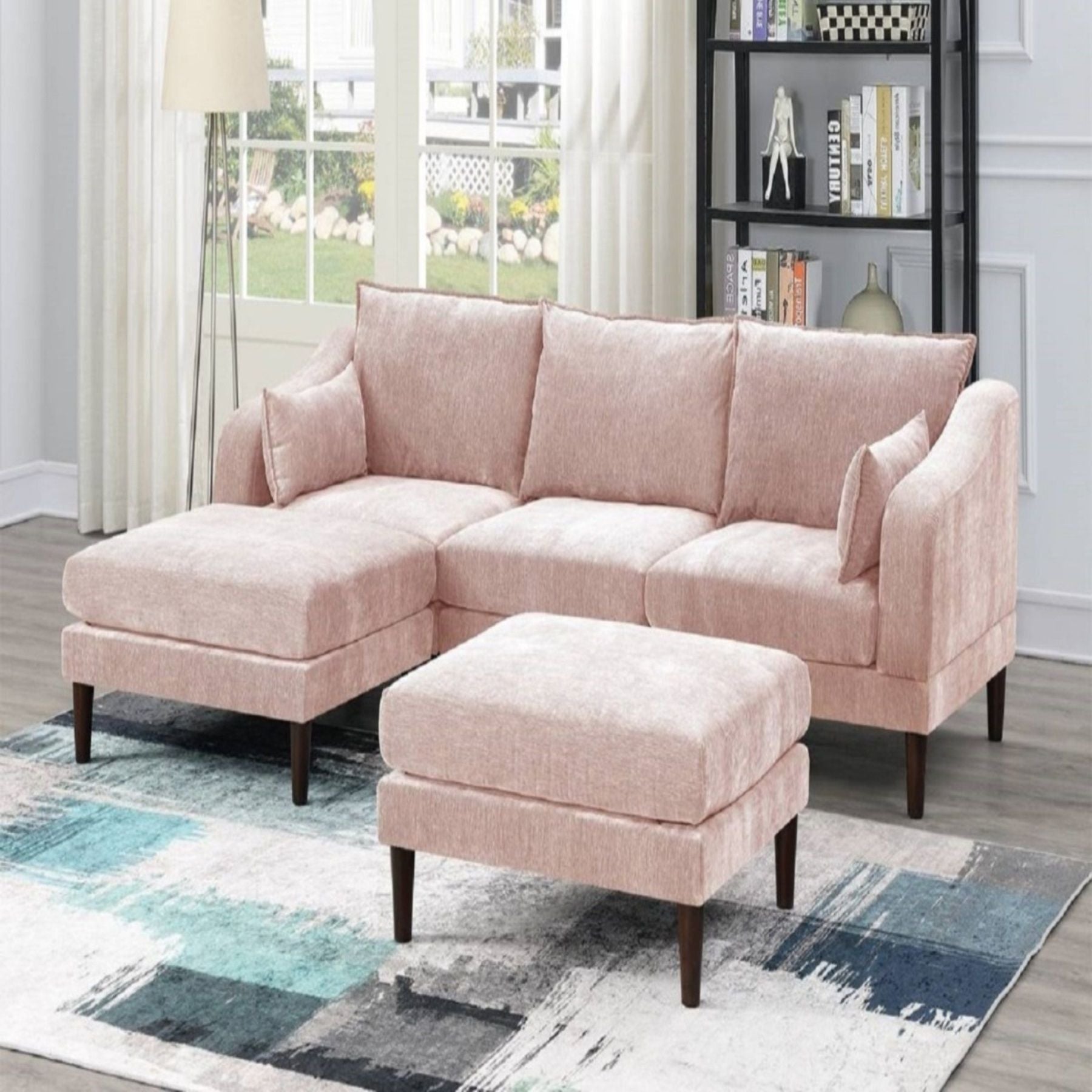 Modular L-Sectional Set With Ottomans - Pink velvet, dark wood legs, 3-piece living room set on Tampa Home & Garden Store