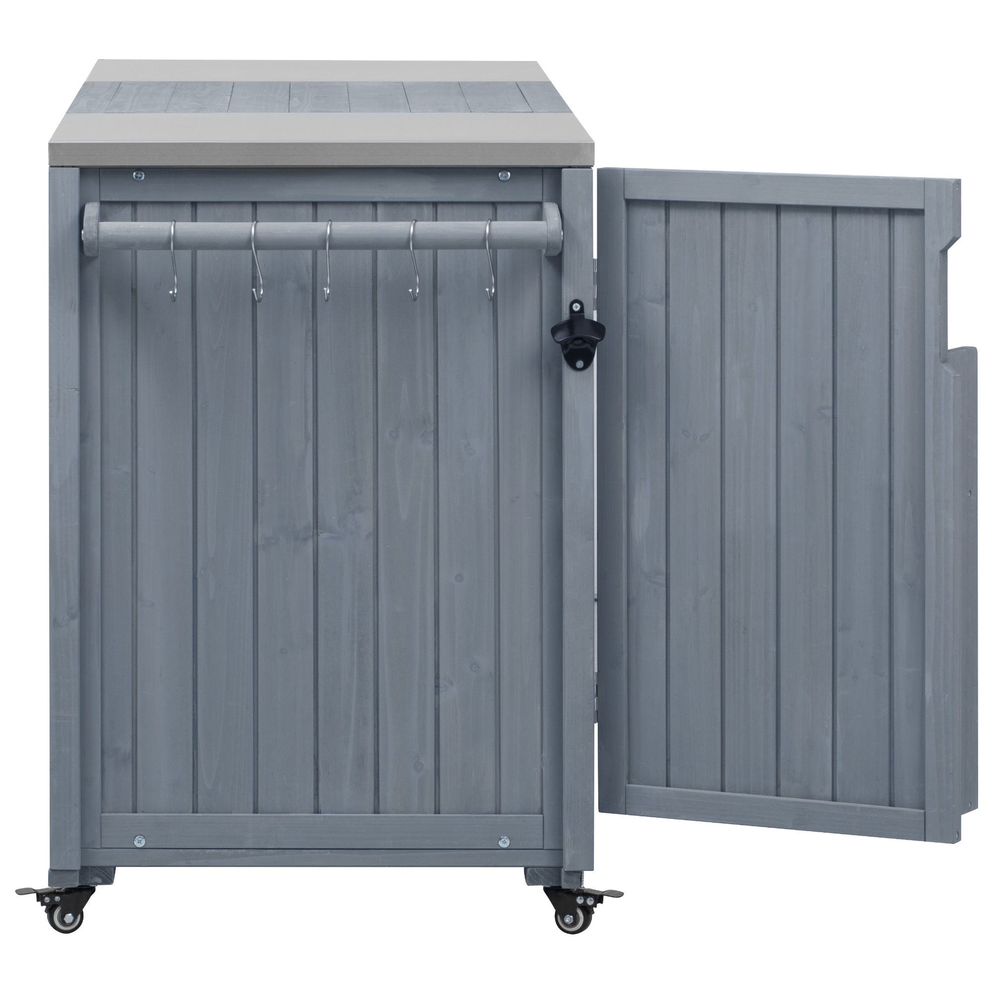 K&K Outdoor Kitchen Island by HouseOfZazla, gray wood with utensil hooks for BigGreenEgg, on Tampa Home & Garden Store