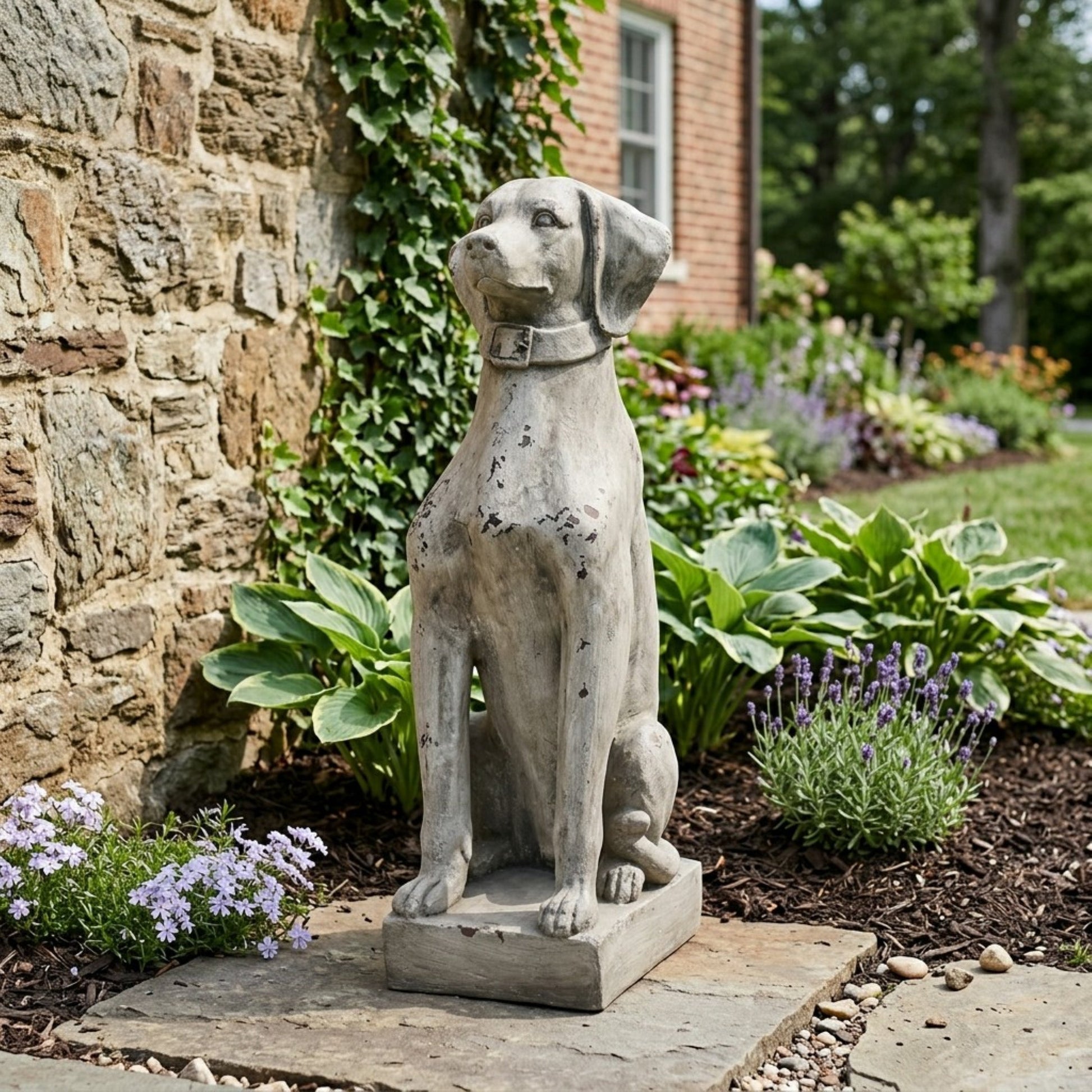 MGO dog statue outdoor garden sculpture antique gray stone depicting 2 dogs HouseOfZazla on Tampa Home & Garden Store