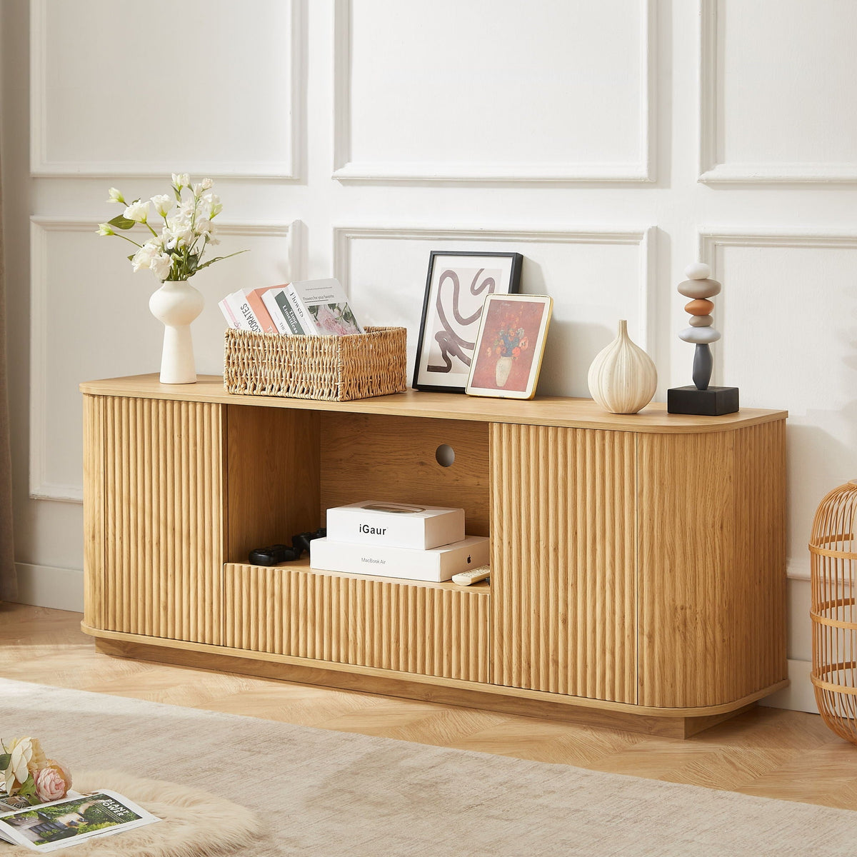 Modern wavy TV stand with rounded edges in light wood, slatted front, storage cabinet on Tampa Home & Garden Store