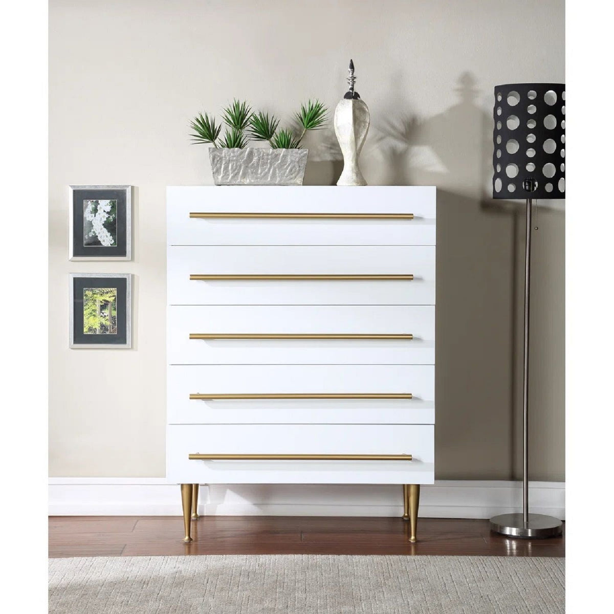 Contemporary white 5-drawer accent chest with gold handles and slender legs by HouseOfZazla on Tampa Home & Garden Store