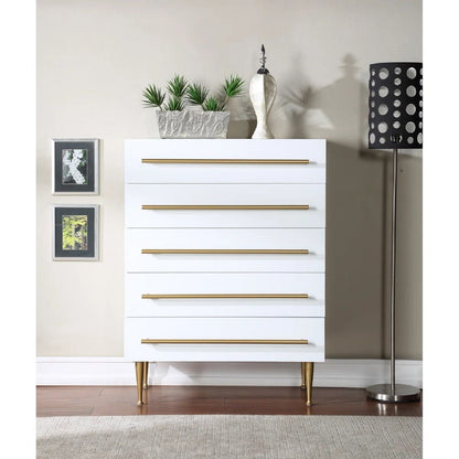 Contemporary white 5-drawer accent chest with gold handles and slender legs by HouseOfZazla on Tampa Home & Garden Store