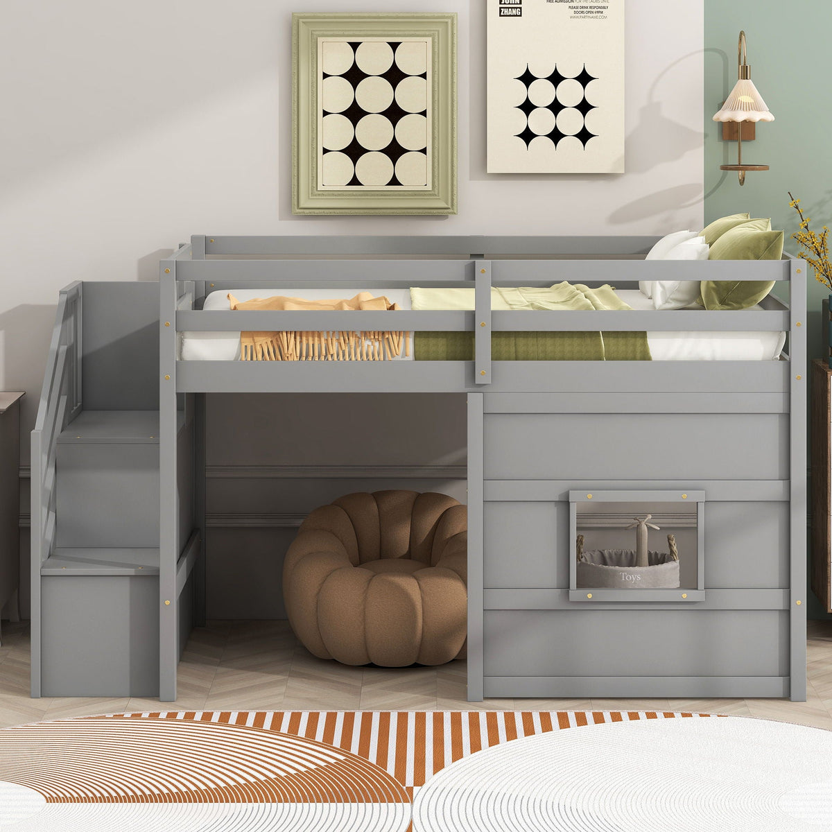 Loft bed with storage staircase in grey, includes drawers and LED light on Tampa Home & Garden Store