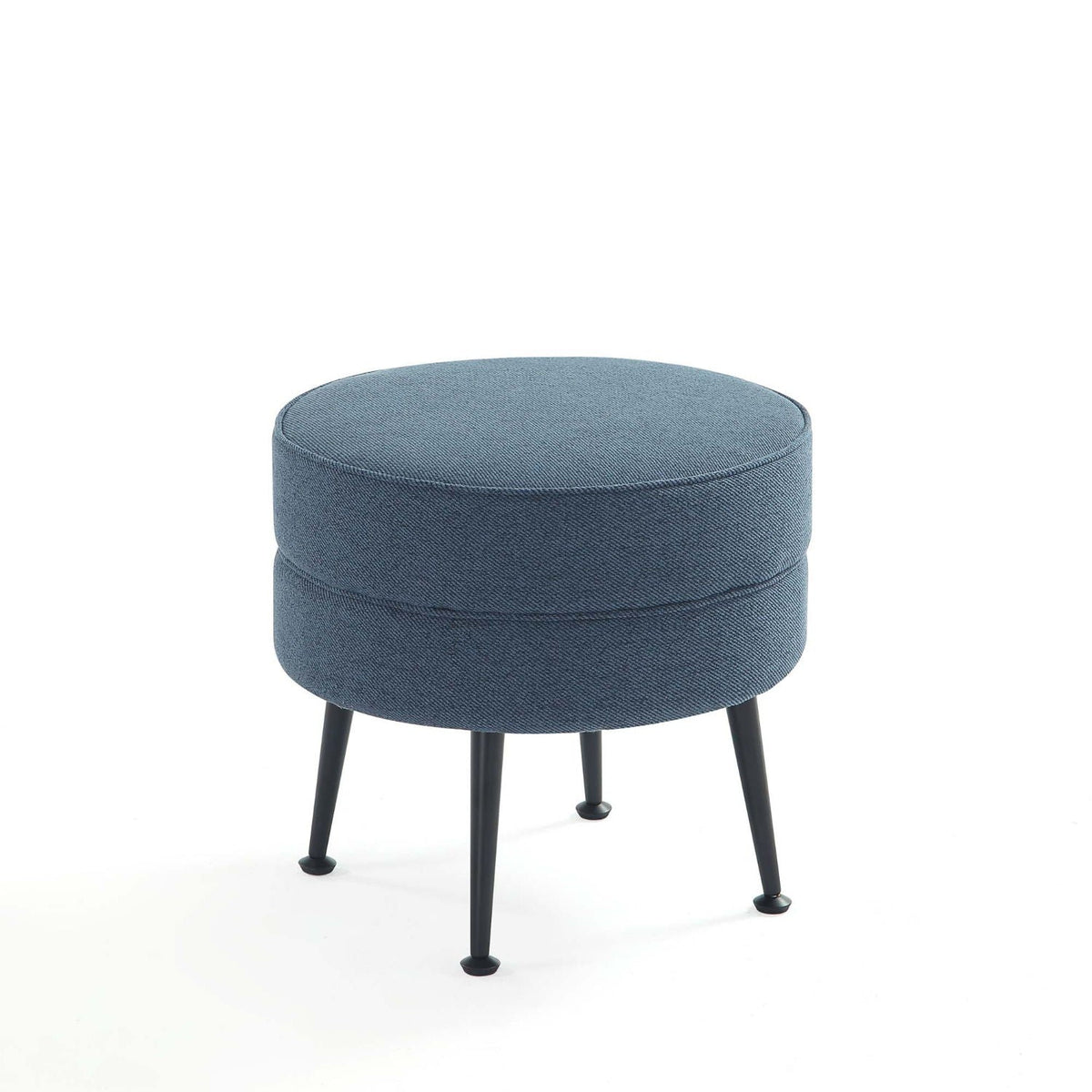 Bailey Accent Ottoman, round blue denim upholstery with black metal legs on Tampa Home & Garden Store