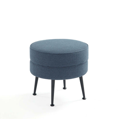 Bailey Accent Ottoman, round blue denim upholstery with black metal legs on Tampa Home & Garden Store