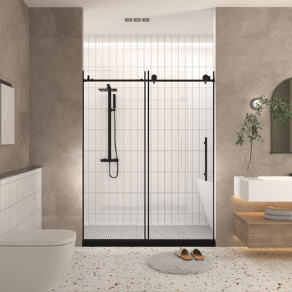 Frameless tempered-glass shower door with black hardware and sliding rail on Tampa Home & Garden Store