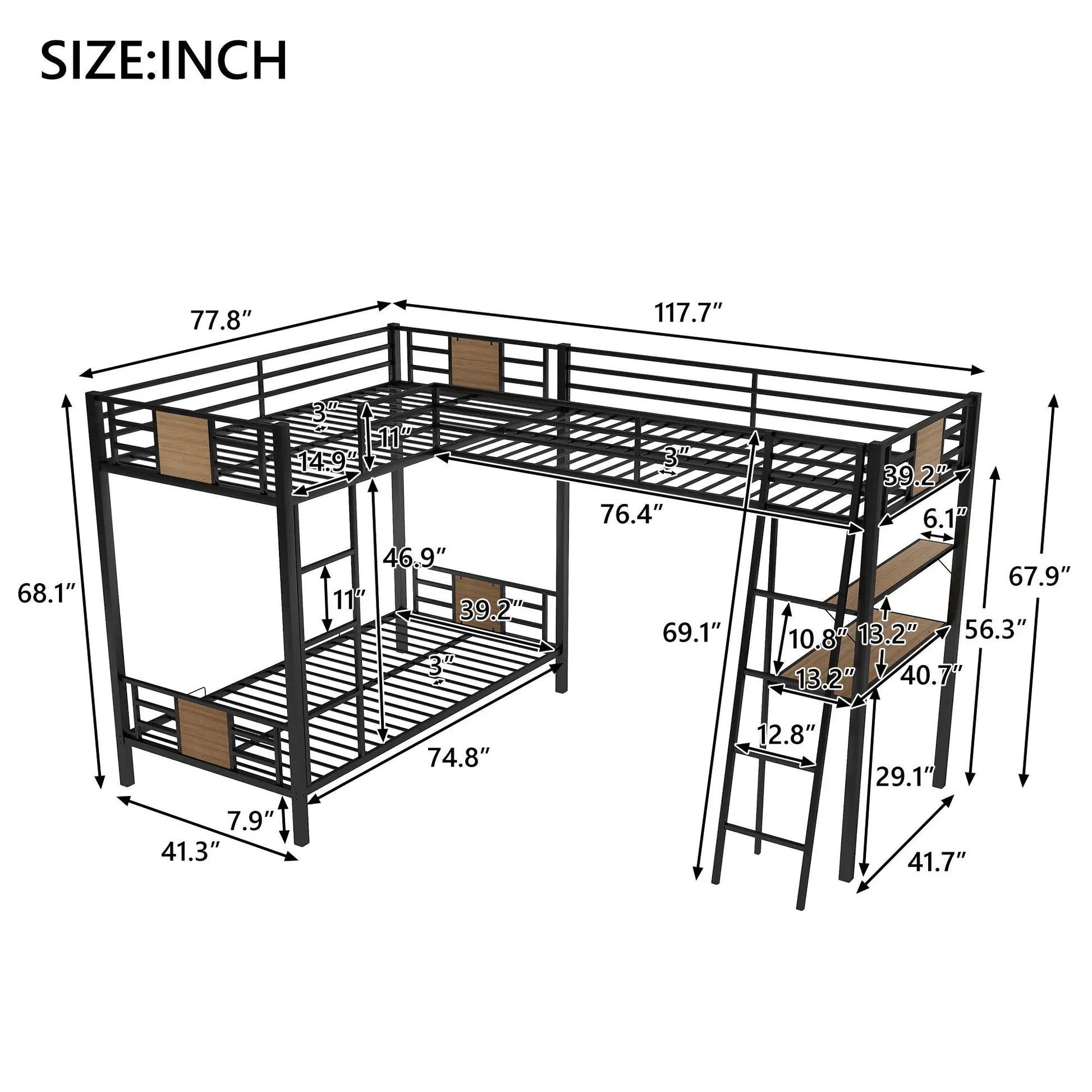 L-shaped bunk bed with twin-over-twin loft desk & shelf brown metal Unique Piece Furniture on Tampa Home & Garden Store