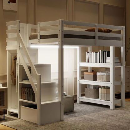 Loft Bed With Storage Staircase LED Light