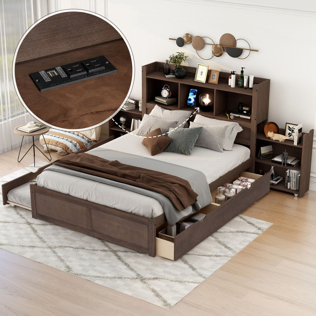 Dark wood storage platform bed with pull-out shelves, trundle, and 2 drawers HouseOfZazla on Tampa Home & Garden Store
