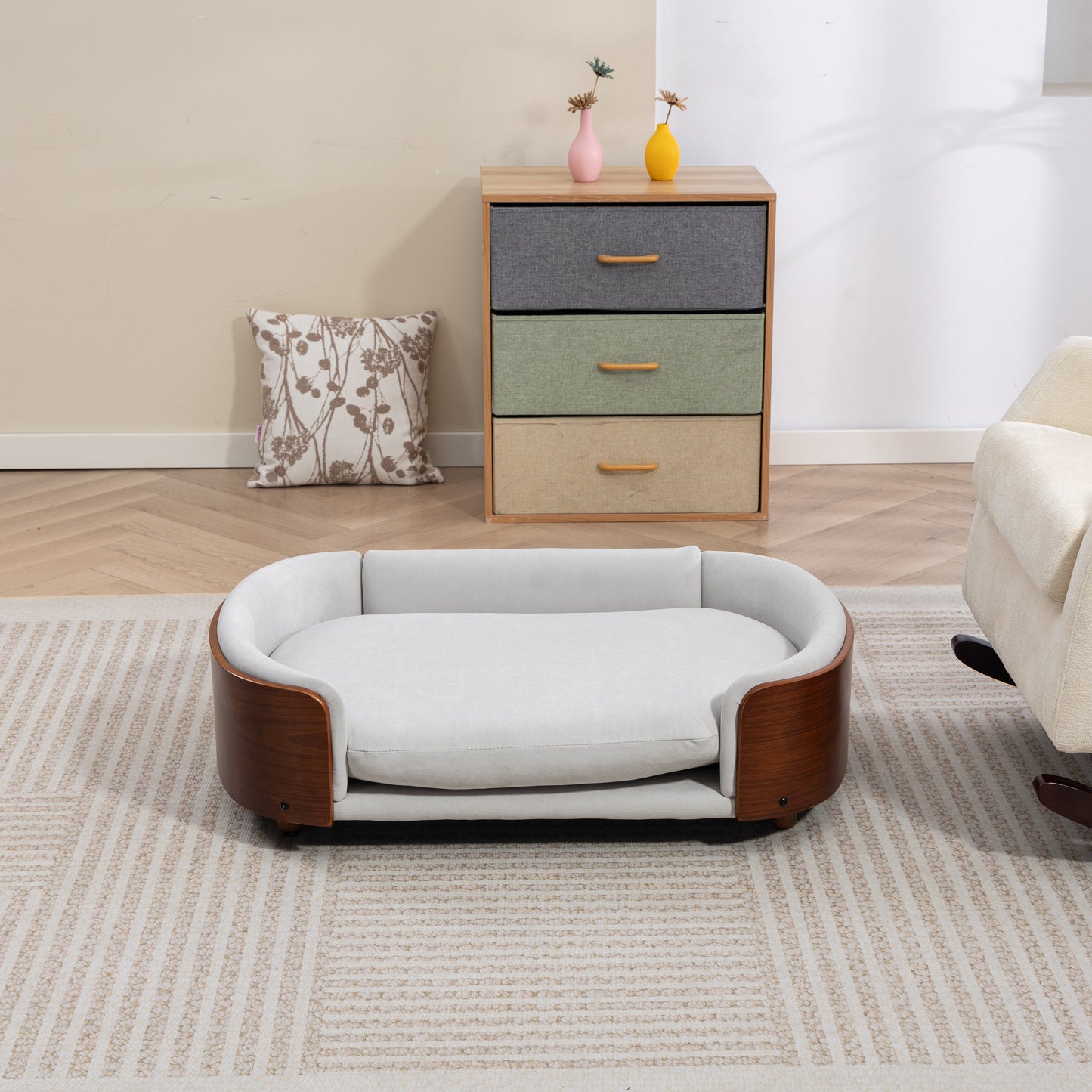 Scandinavian Style Elevated Dog Bed Pet Sofa by HouseOfZazla with gray upholstery and wood frame on Tampa Home & Garden Store
