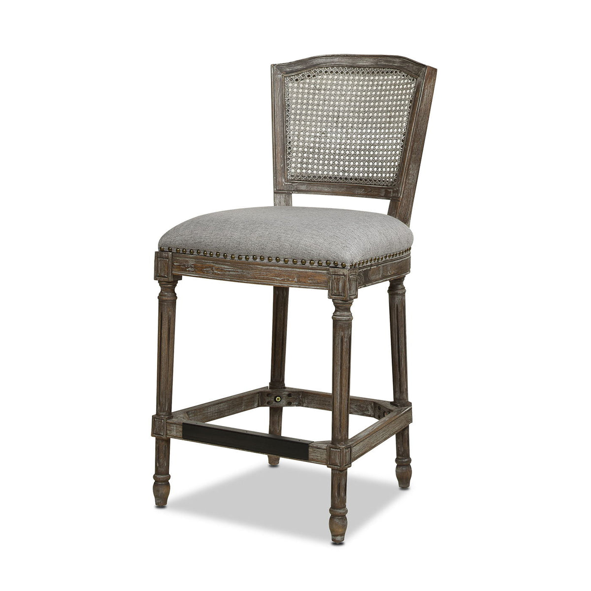 Rattan Wicker High Back Counter Bar Stool with Oak Frame, gray upholstered seat, 24–27 in on Tampa Home & Garden Store
