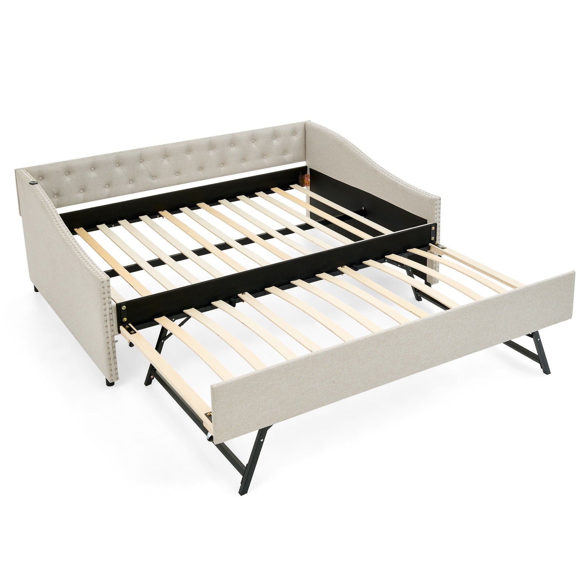 Upholstered beige daybed with USB charging and pull-out trundle, tufted back, HouseOfZazla on Tampa Home & Garden Store