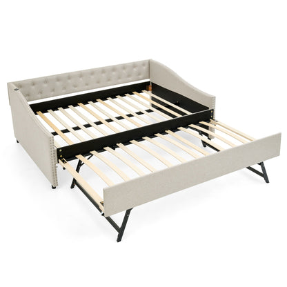 Upholstered beige daybed with USB charging and pull-out trundle, tufted back, HouseOfZazla on Tampa Home & Garden Store