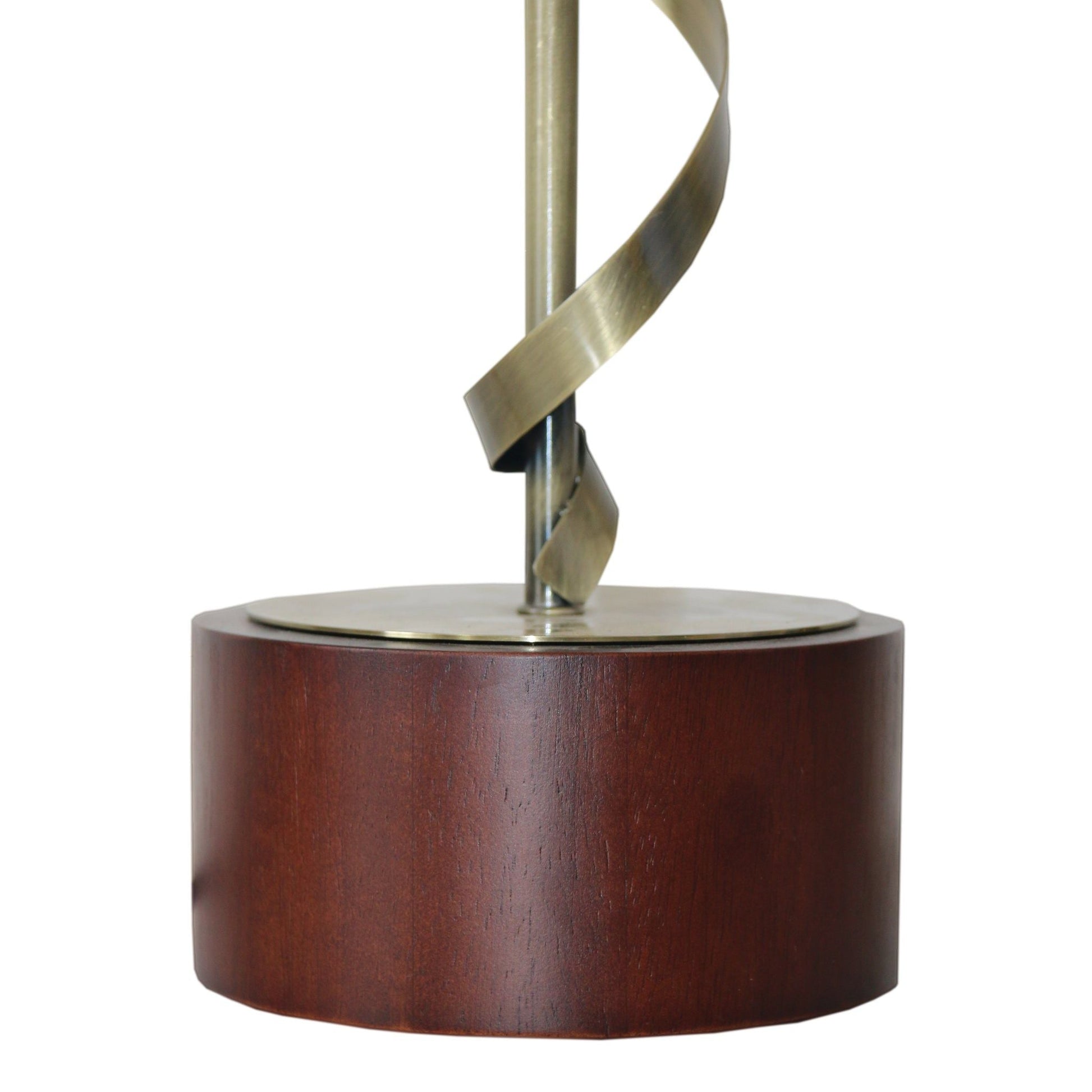 Nightstand table lamp with a dark wood cylindrical base and twisted brass-tone metal stem on Tampa Home & Garden Store