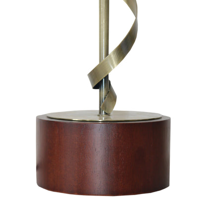 Nightstand table lamp with a dark wood cylindrical base and twisted brass-tone metal stem on Tampa Home & Garden Store