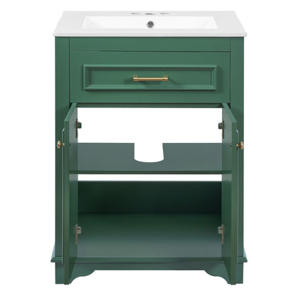 Bathroom vanity with integrated white sink and dark green cabinet, gold drawer handle on Tampa Home & Garden Store