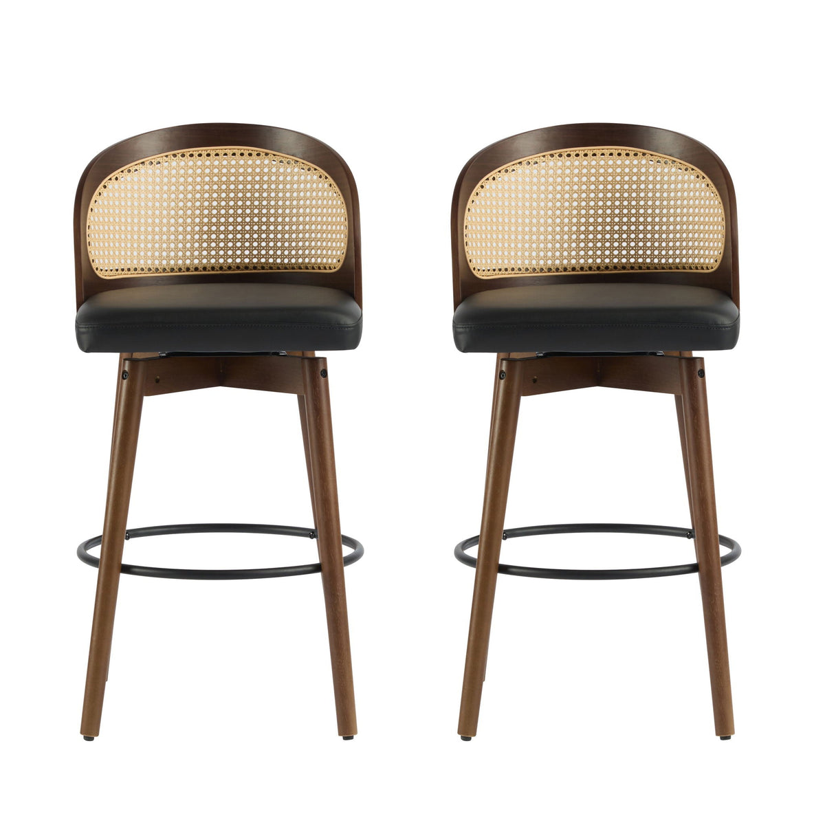 Como Indoor Wood Barstool Set of 2 with rattan backrest, dark brown frame and black seat on Tampa Home & Garden Store