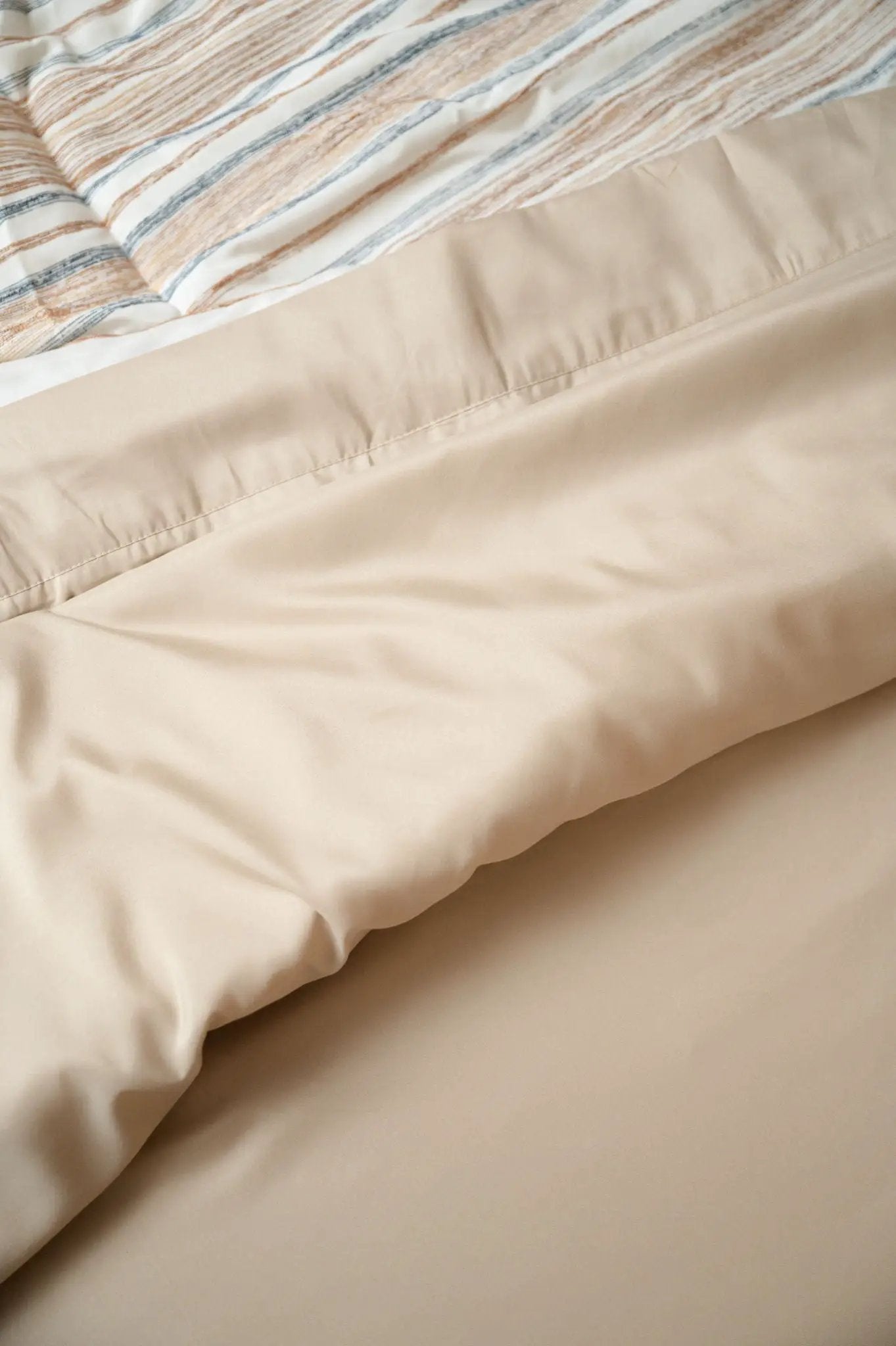 4 Piece Micro and Bamboo Flex Head hypoallergenic sheet set beige with striped top panel on Tampa Home & Garden Store