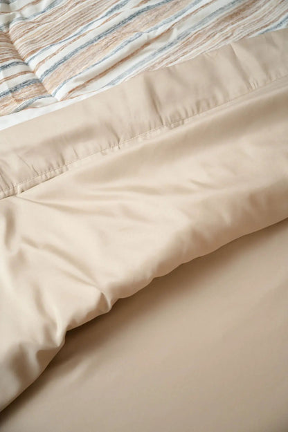 4 Piece Micro and Bamboo Flex Head hypoallergenic sheet set beige with striped top panel on Tampa Home & Garden Store