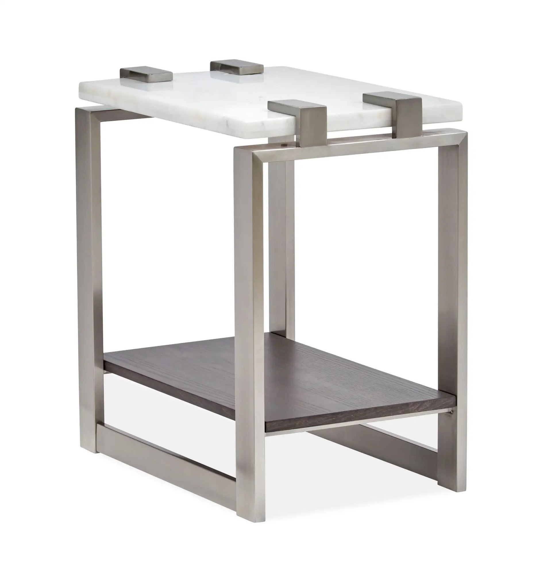 Paradox Rectangular End Table with white marble top and brushed nickel frame, dark wood shelf on Tampa Home & Garden Store