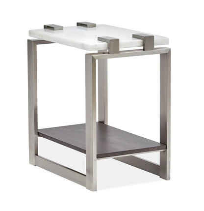 Paradox Rectangular End Table with white marble top and brushed nickel frame, dark wood shelf on Tampa Home & Garden Store