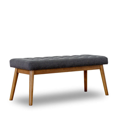 Modern velvet upholstered bench gray with tufted top and wooden legs on Tampa Home & Garden Store
