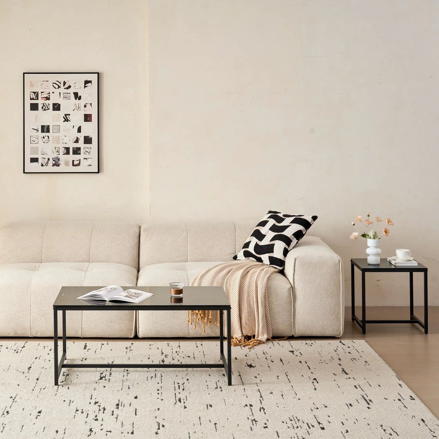 Table For Living Room coffee tables with black metal frames and glass tops in a beige living room on Tampa Home & Garden Store