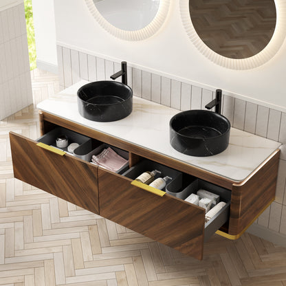 DIPA 60in floating bathroom vanity with dual black marble vessel sinks, plywood storage on Tampa Home & Garden Store