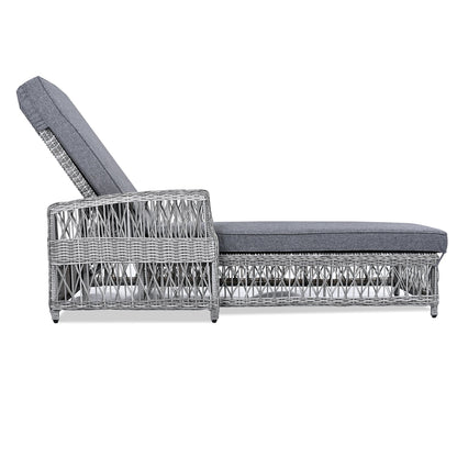 GO Outdoor Long Reclining Chaise with Armrests and Cushions, gray wicker sunlounger on Tampa Home & Garden Store
