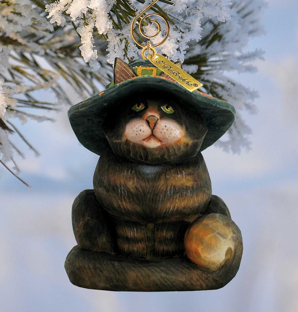 Fifield Halloween Cat Sculpted Hand-Painted Ornament by G DeBrekht, dark fur cat in green hat on Tampa Home & Garden Store