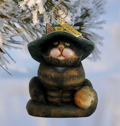 Fifield Halloween Cat Sculpted Hand-Painted Ornament by G DeBrekht, dark fur cat in green hat on Tampa Home & Garden Store