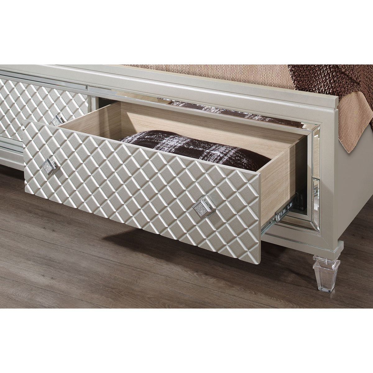 Pearl silver storage bed with LED headboard and diamond-patterned drawers on Tampa Home & Garden Store