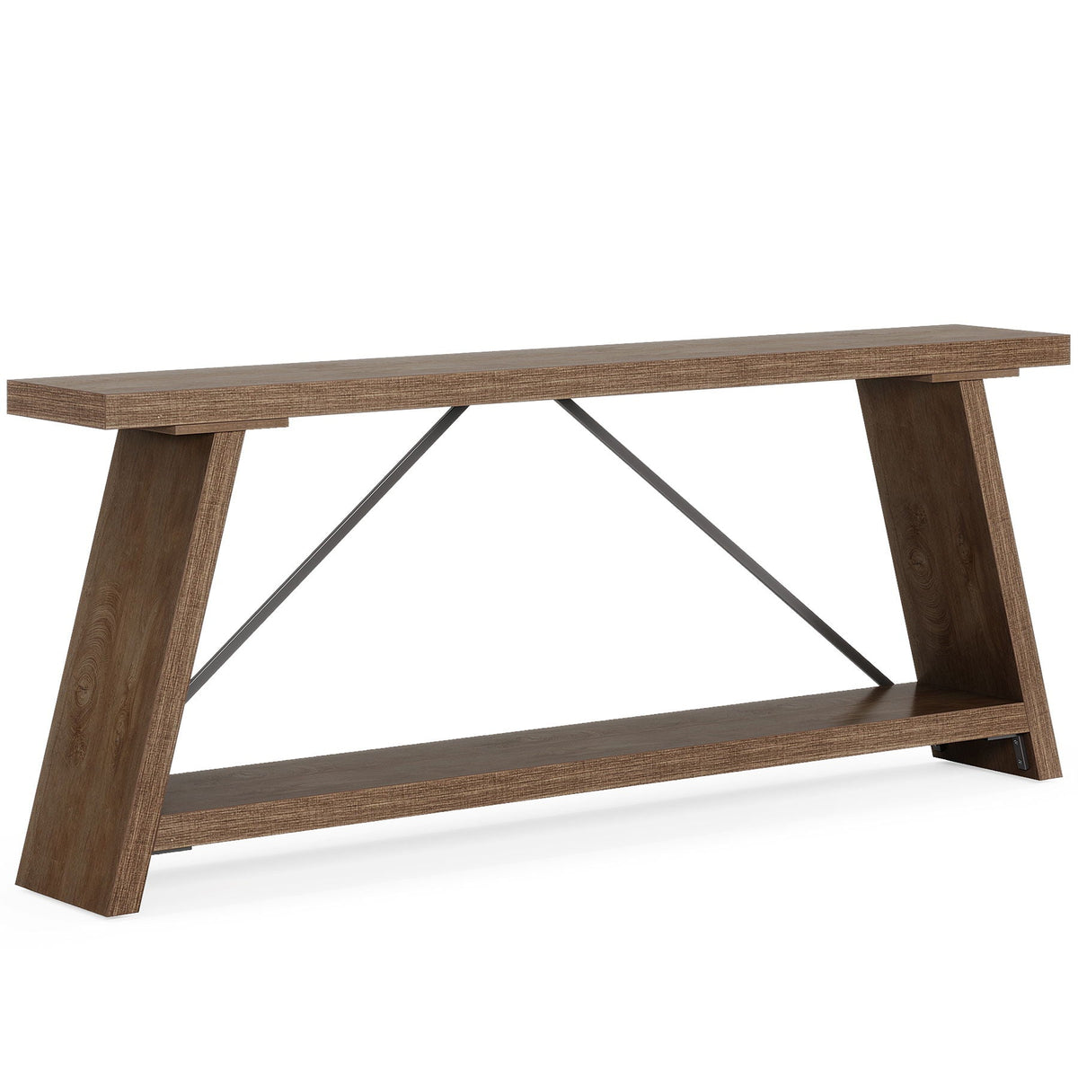 Extra long sofa console table with 2-tier shelves in wood and metal brown finish on Tampa Home & Garden Store