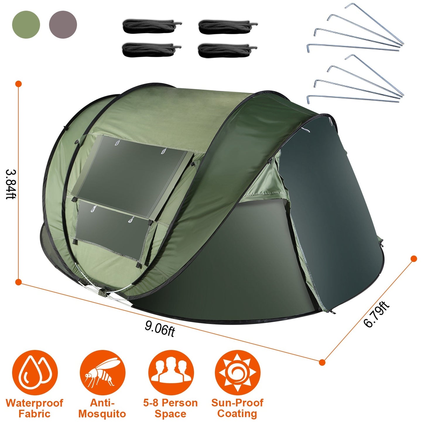 GemGear 3-4 person pop-up tent olive green, auto setup, waterproof; 2 mosquito net windows on Tampa Home & Garden Store