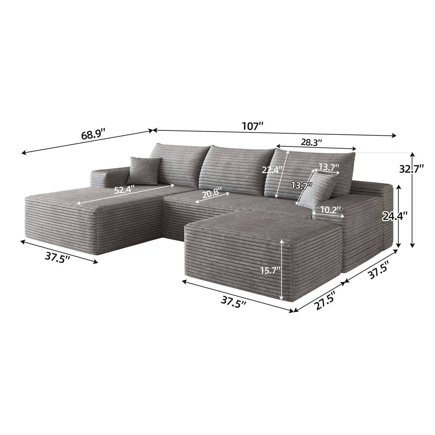 107in Cloud Sectional Sofa with 1 Ottoman by HouseOfZazla, grey ribbed fabric, modular seating on Tampa Home & Garden Store