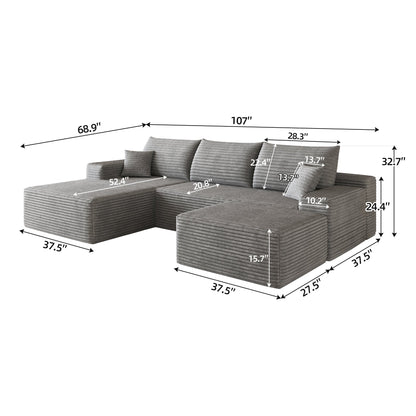 107in Cloud Sectional Sofa with 1 Ottoman by HouseOfZazla, grey ribbed fabric, modular seating on Tampa Home & Garden Store