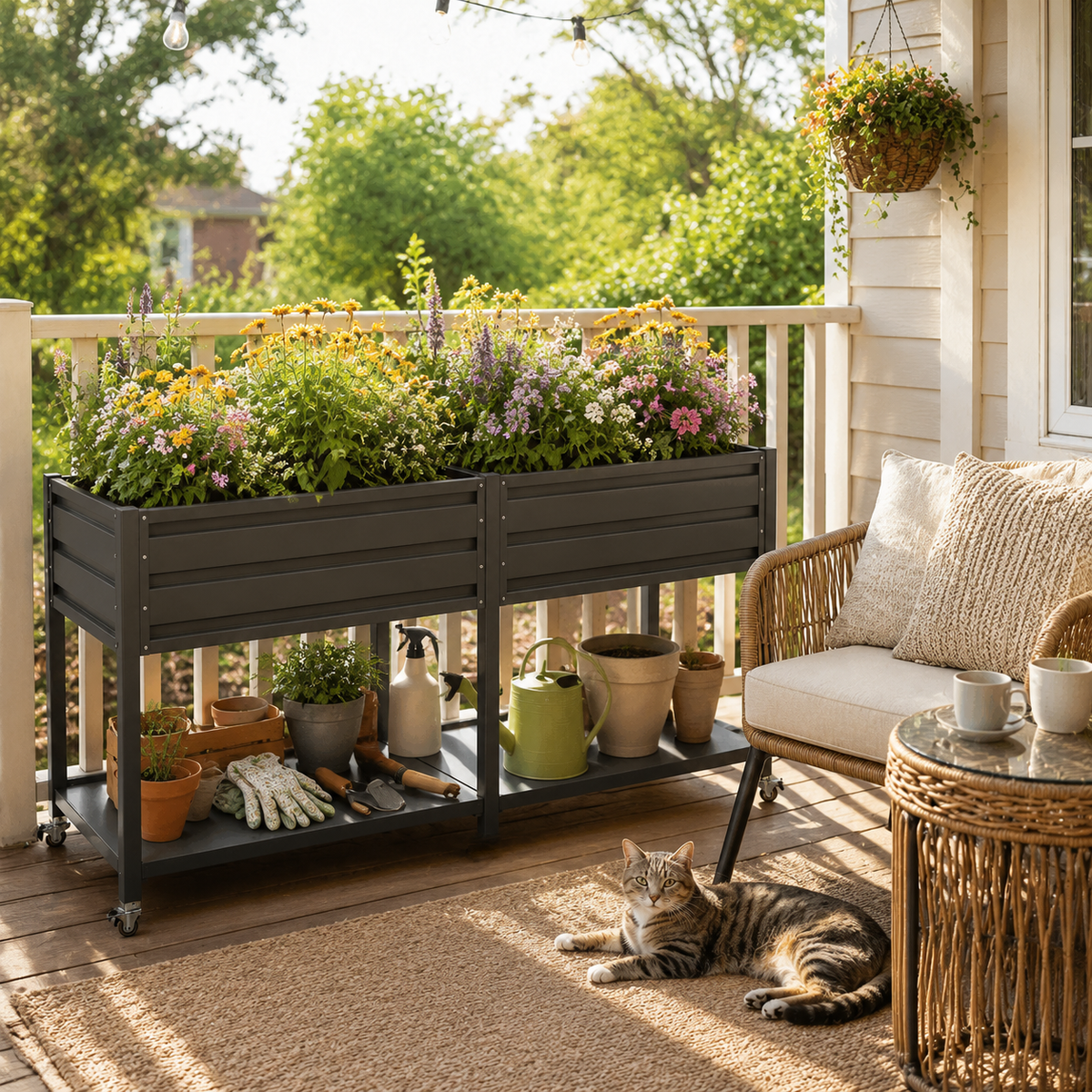 Dual Tier Elevated Metal Raised Garden Bed with lockable wheels and lower shelf on Tampa Home & Garden Store