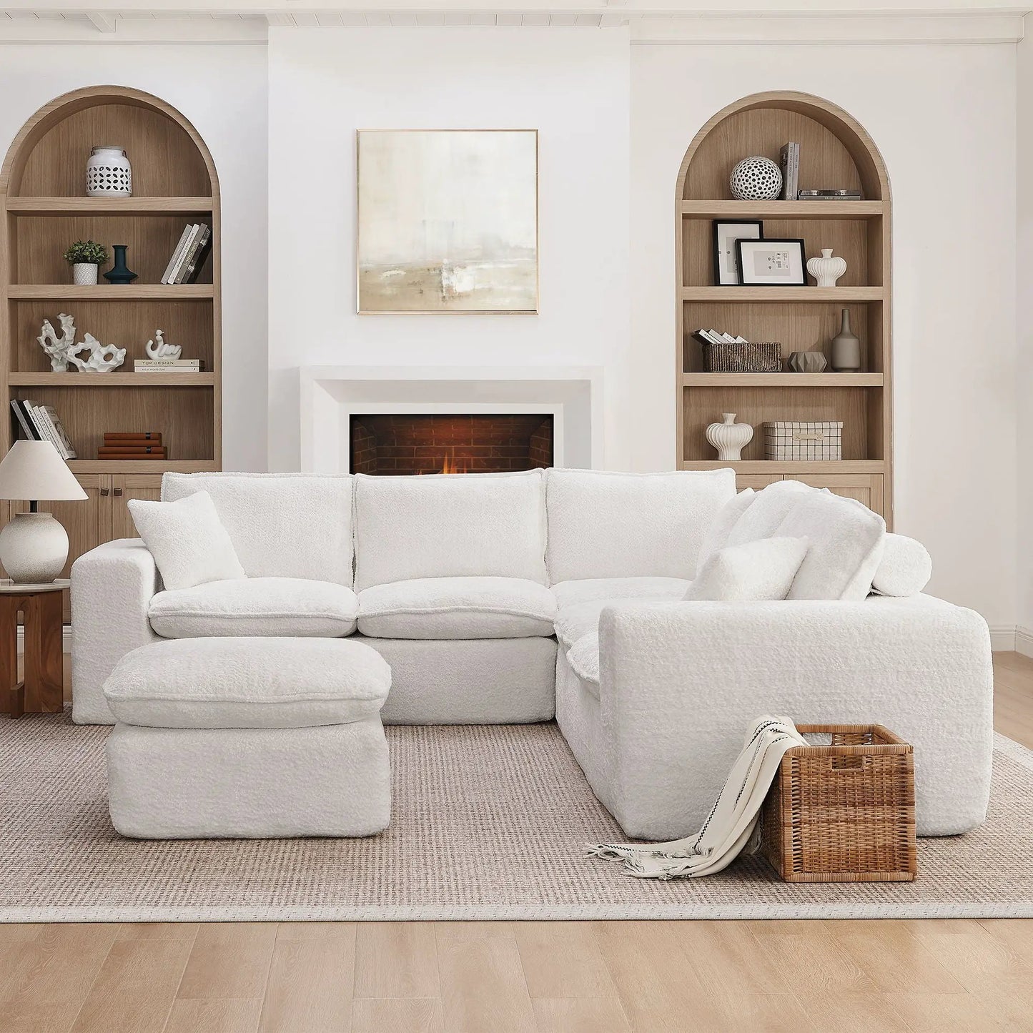 Sectional sofa with moveable ottoman in white textured fabric, 3-piece living room set on Tampa Home & Garden Store