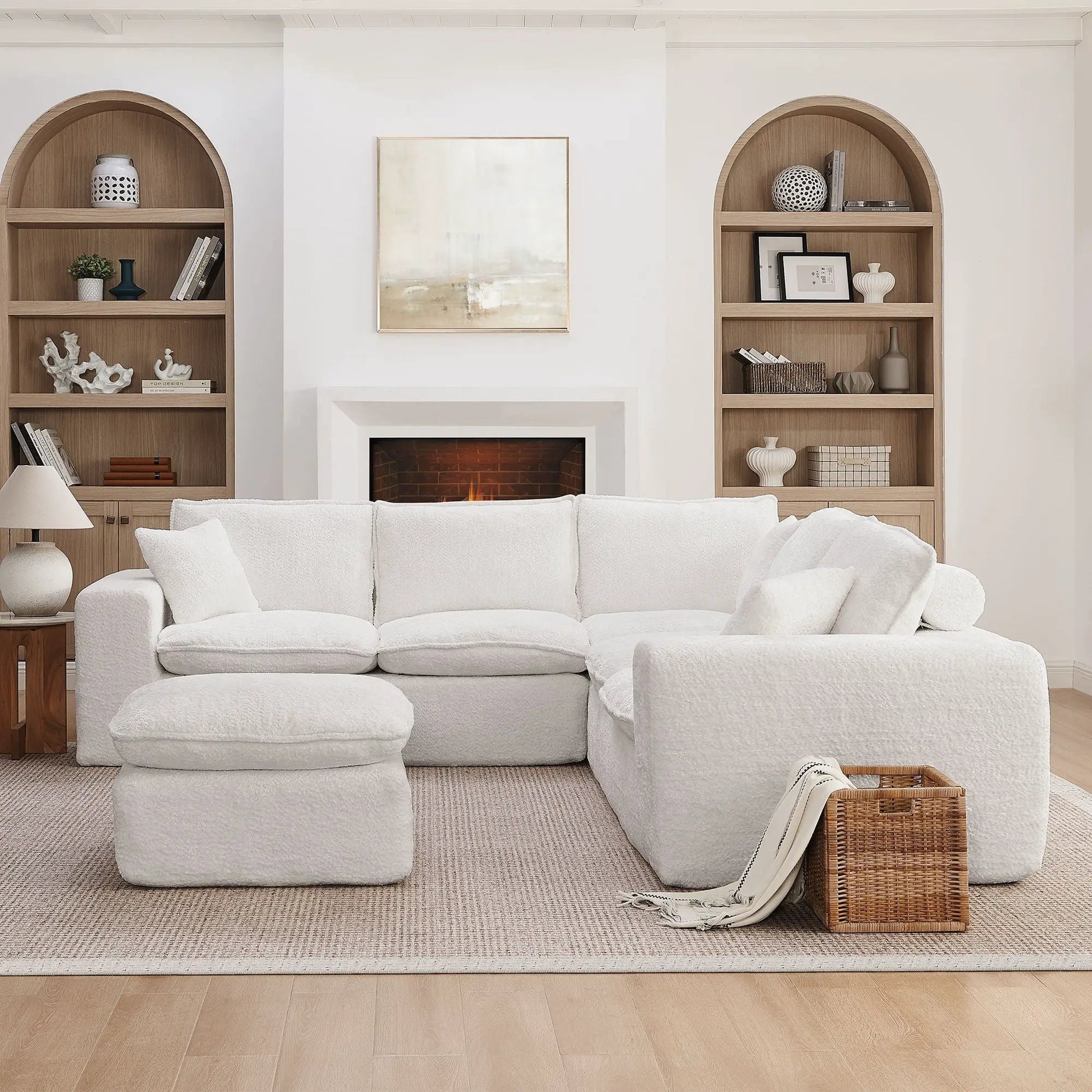 Sectional sofa with moveable ottoman in white textured fabric, 3-piece living room set on Tampa Home & Garden Store