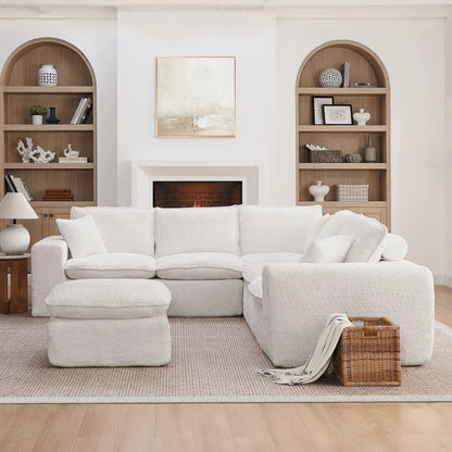 Sectional sofa with moveable ottoman in white textured fabric, 3-piece living room set on Tampa Home & Garden Store